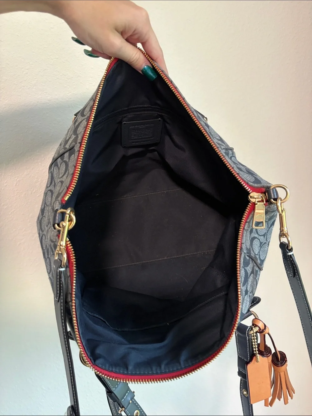 Coach Kleo Carryall in Signature Chambray Dark Blue Denim Tan Tassels - Picture 7 of 7